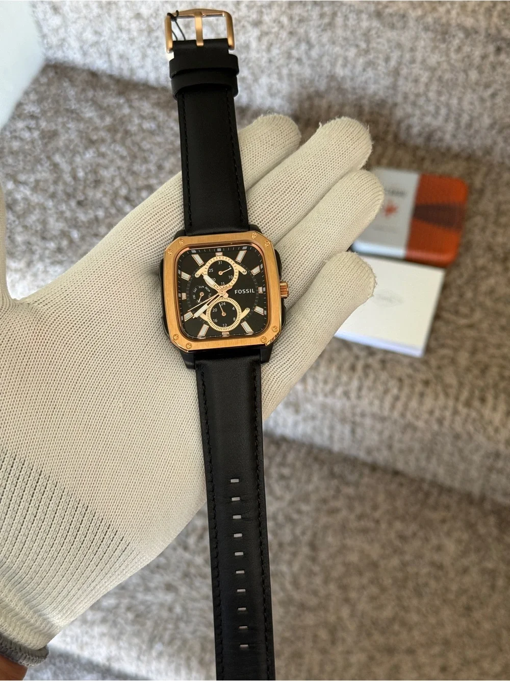Fossil Black Leather Watch with Rose Gold-Tone Square Case Mens Watch